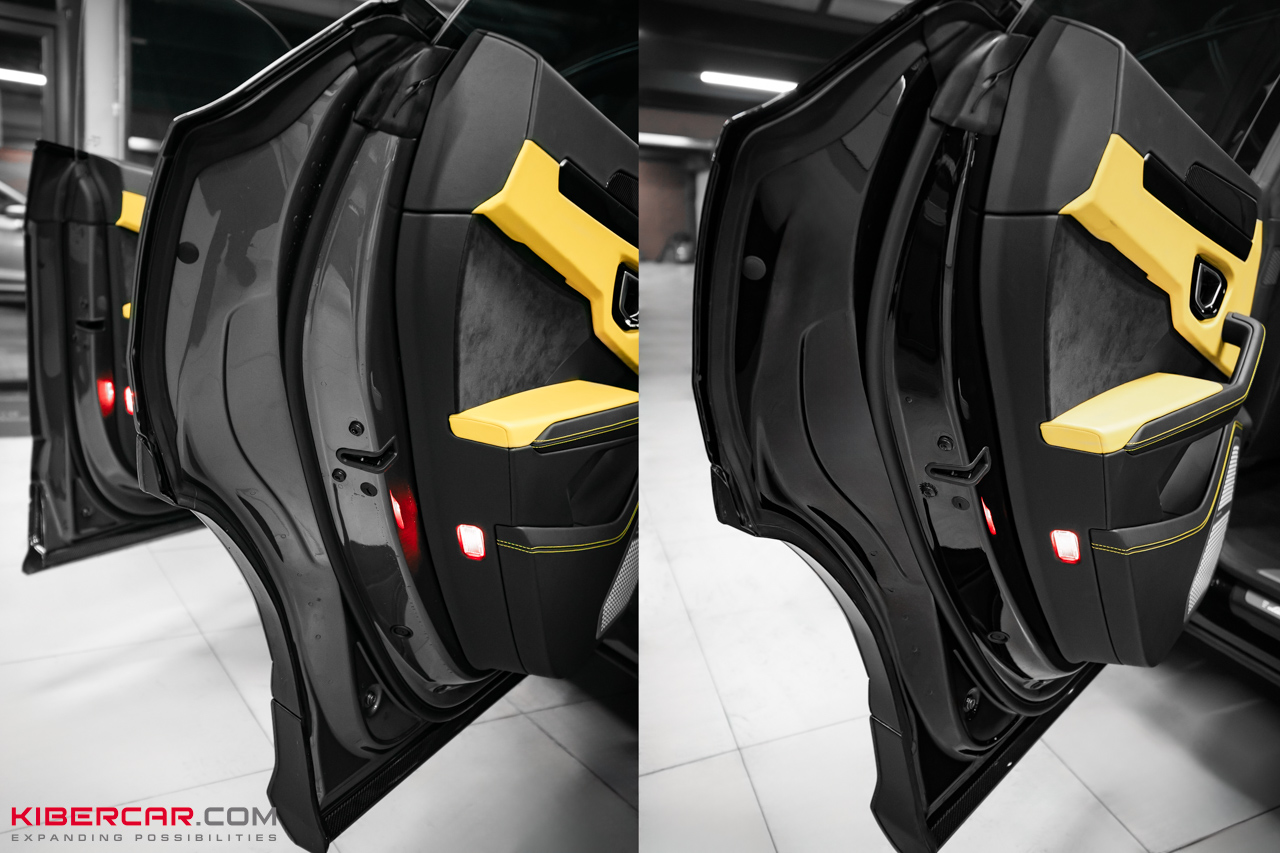 Оклейка Lamborghini Urus цветной полиуретановой пленкой с проемами: глубокий черный глянец вместо серого