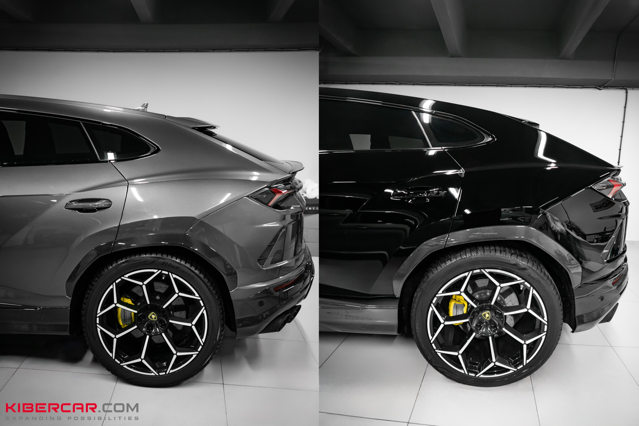 Оклейка Lamborghini Urus цветной полиуретановой пленкой с проемами: глубокий черный глянец вместо серого
