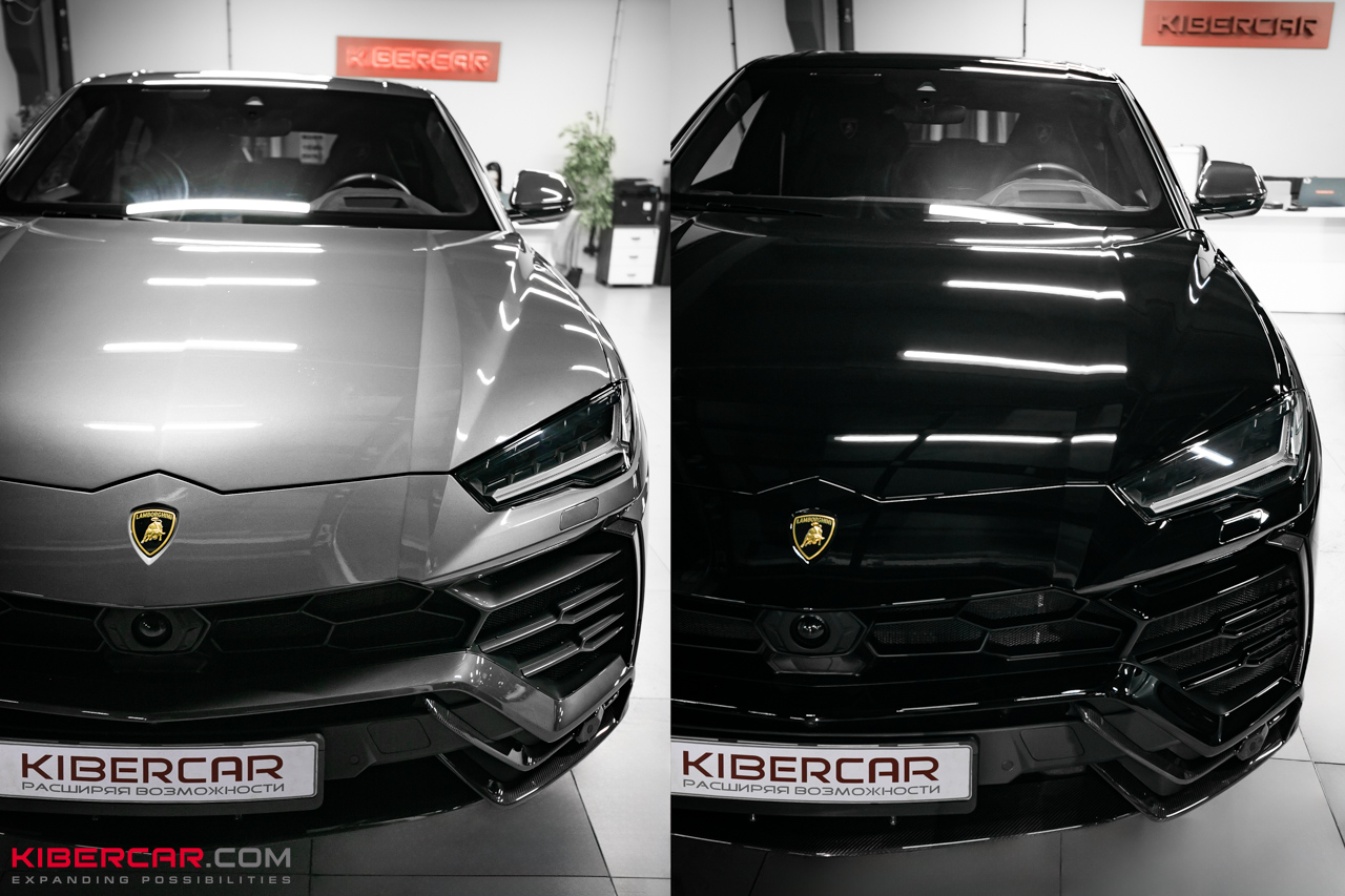 Оклейка Lamborghini Urus цветной полиуретановой пленкой с проемами: глубокий черный глянец вместо серого